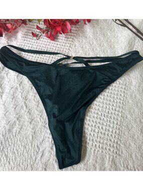 VICTORIA'S SECRET L VERY SEXY SILKY GREEN GOLD CHARM STRAPPY THONG PANTIES NWT